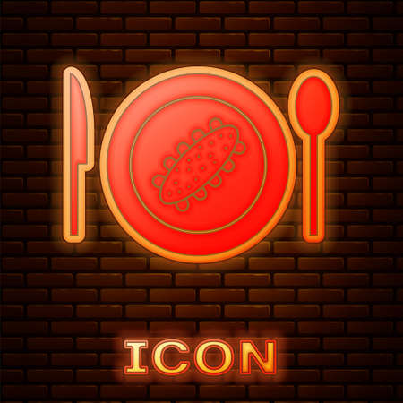 Glowing neon Served cucumber on a plate icon isolated on brick wall background. Marine food. Vector.のイラスト素材