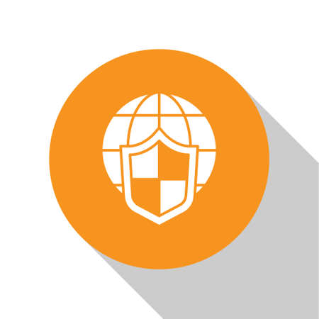 White Shield with world globe icon isolated on white background. Insurance concept. Security, safety, protection, privacy concept. Orange circle button. Vector.のイラスト素材