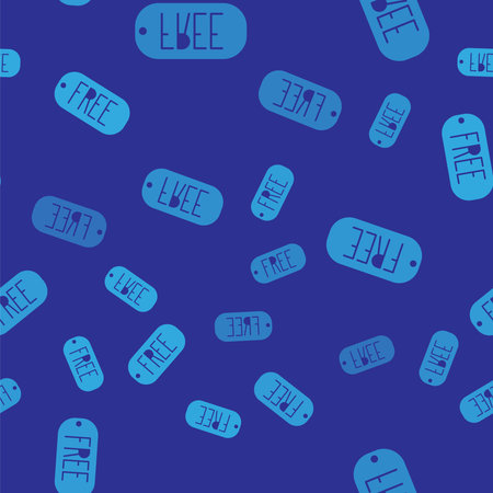 Blue Price tag with an inscription Free icon isolated seamless pattern on blue background. Badge for...