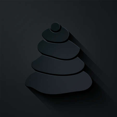 Paper cut Stack hot stones icon isolated on black background. Spa salon accessory. Paper art style. Vector Illustrationのイラスト素材