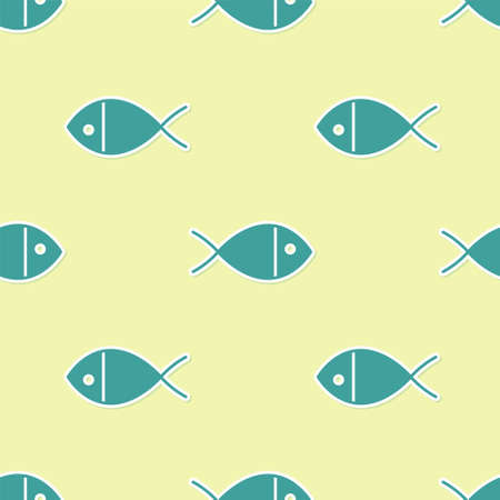 Green Christian fish symbol icon isolated seamless pattern on yellow background. Jesus fish symbol. Vector Illustrationのイラスト素材