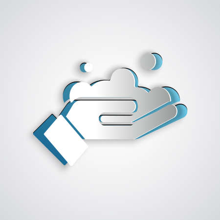 Paper cut Washing hands with soap icon isolated on grey background. Washing hands with soap to prevent virus and bacteria. Paper art style. Vector Illustrationのイラスト素材
