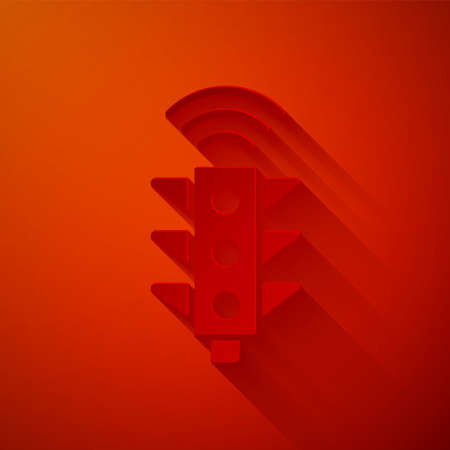 Paper cut Smart traffic light system icon isolated on red background. Internet of things concept with wireless connection. Paper art style. Vectorのイラスト素材