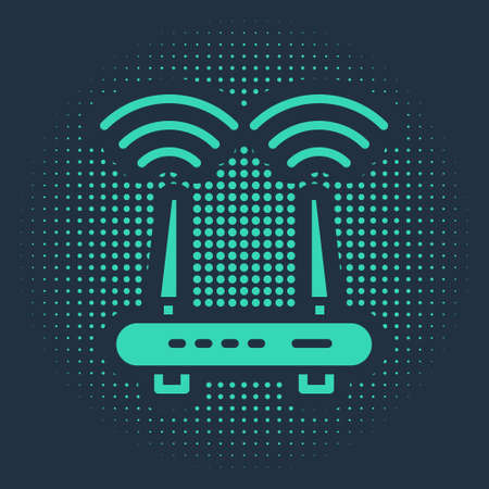 Green Router and wifi signal icon isolated on blue background. Wireless modem router. Computer technology internet. Abstract circle random dots. Vectorのイラスト素材