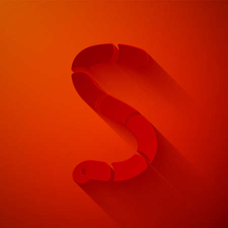 Paper cut Worm icon isolated on red background. Fishing tackle. Paper art style. Vectorのイラスト素材