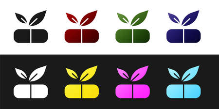 Set Medical pill with plant icon isolated on black and white background. Herbal pill. Vectorのイラスト素材