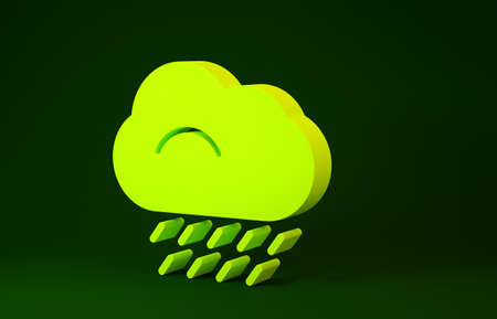Yellow Cloud with rain icon isolated on green background. Rain cloud precipitation with rain drops. Minimalism concept. 3d illustration 3D renderの写真素材