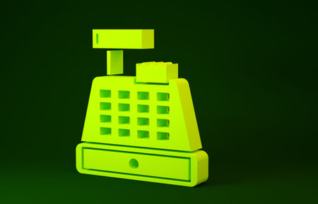 Yellow Cash register machine with a check icon isolated on green background. Cashier sign. Cashbox...