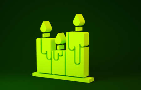 Yellow Burning candles icon isolated on green background. Cylindrical candle stick with burning flame. Minimalism concept. 3d illustration 3D renderの写真素材