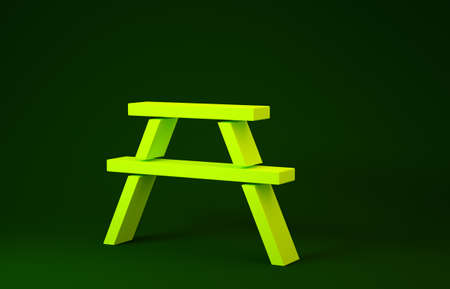 Yellow Picnic table with benches on either side of the table icon isolated on green background. Minimalism concept. 3d illustration 3D renderの写真素材