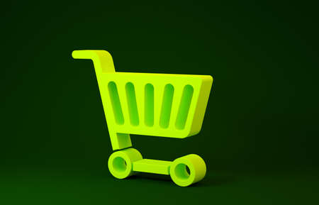 Yellow Shopping cart icon isolated on green background. Online buying concept. Delivery service sign. Supermarket basket symbol. Minimalism concept. 3d illustration 3D renderの写真素材