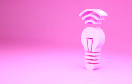 Pink Smart light bulb system icon isolated on pink background. Energy and idea symbol. Internet of things concept with wireless connection. Minimalism concept. 3d illustration 3D renderの写真素材