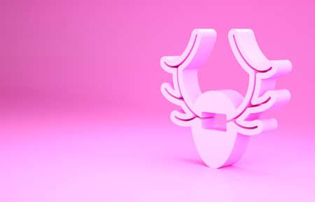 Pink Deer antlers on shield icon isolated on pink background. Hunting trophy on wall. Minimalism concept. 3d illustration 3D renderの写真素材