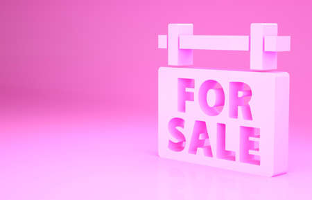 Pink Hanging sign with text For Sale icon isolated on pink background. Signboard with text For Sale. Minimalism concept. 3d illustration 3D renderの写真素材