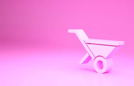 Pink Wheelbarrow icon isolated on pink background. Tool equipment. Agriculture cart wheel farm. Minimalism concept. 3d illustration 3D renderの写真素材