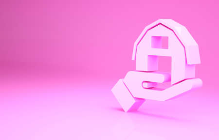 Pink Farm house in hand icon isolated on pink background. Minimalism concept. 3d illustration 3D renderの写真素材