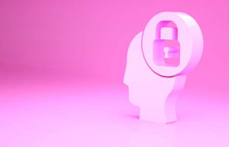 Pink Human head with lock icon isolated on pink background. Minimalism concept. 3d illustration 3D renderの写真素材