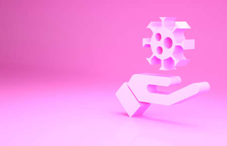 Pink Hand with virus icon isolated on pink background. Corona virus 2019-nCoV. Bacteria and germs, cell cancer, microbe, fungi. Minimalism concept. 3d illustration 3D renderの写真素材
