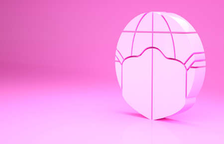 Pink Earth globe with medical mask icon isolated on pink background. Minimalism concept. 3d illustration 3D renderの写真素材