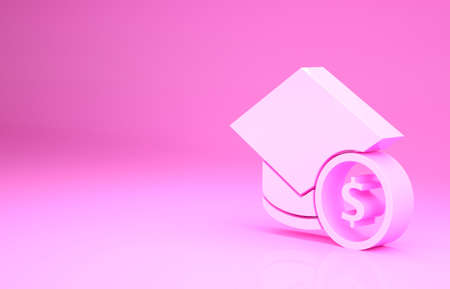 Pink Graduation cap and coin icon isolated on pink background. Education and money. Concept of...