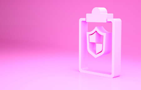 Pink Document with shield icon isolated on pink background. Insurance concept. Security, safety, protection, protect concept. Minimalism concept. 3d illustration 3D renderの写真素材