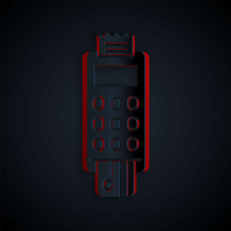 Paper cut POS terminal with inserted credit card and printed reciept icon isolated on black background. NFC payment concept. Paper art style. Vector Illustrationのイラスト素材