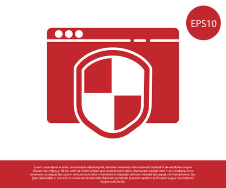 Red Browser with shield icon isolated on white background. Security, safety, protection, privacy concept. Vector Illustrationのイラスト素材