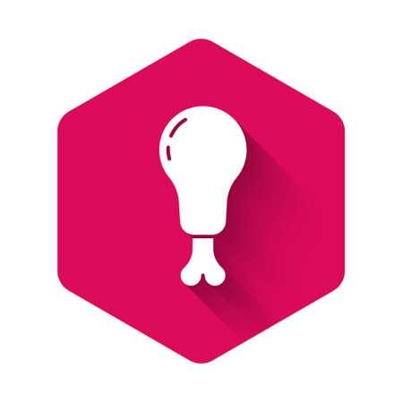 White Chicken leg icon isolated with long shadow. Chicken drumstick. Pink hexagon button. Vector Illustrationのイラスト素材
