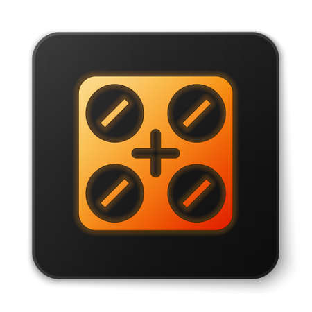 Orange glowing neon Medical pills with marijuana or cannabis leaf icon isolated on white background. Mock up of cannabis oil extracts in jars. Black square button. Vector Illustrationのイラスト素材