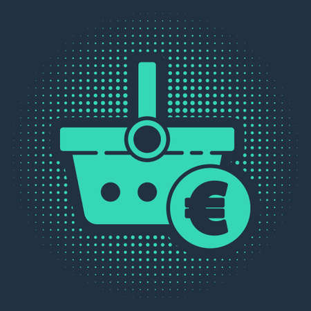 Green Shopping basket and euro symbol icon isolated on blue background. Online buying concept. Delivery service. Shopping cart. Abstract circle random dots. Vector Illustrationのイラスト素材