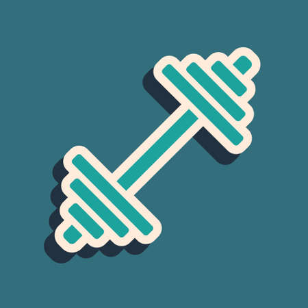 Green Dumbbell icon isolated on green background. Muscle lifting icon, fitness barbell, gym, sports equipment, exercise bumbbell. Long shadow style. Vectorのイラスト素材