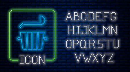 Glowing neon Sauna bucket and ladle icon isolated on brick wall background. Neon light alphabet. Vectorのイラスト素材