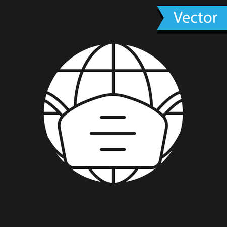 White Earth globe with medical mask icon isolated on black background. Vector.のイラスト素材