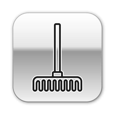Black line Garden rake icon isolated on white background. Tool for horticulture, agriculture, farming. Ground cultivator. Silver square button. Vectorのイラスト素材