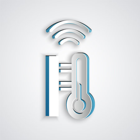 Paper cut Smart meteorology thermometer measuring system icon isolated on grey background. Internet...