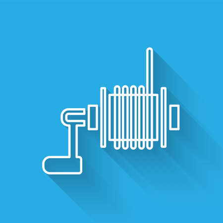 White line Spinning reel for fishing icon isolated with long shadow. Fishing coil. Fishing tackle. Vectorのイラスト素材