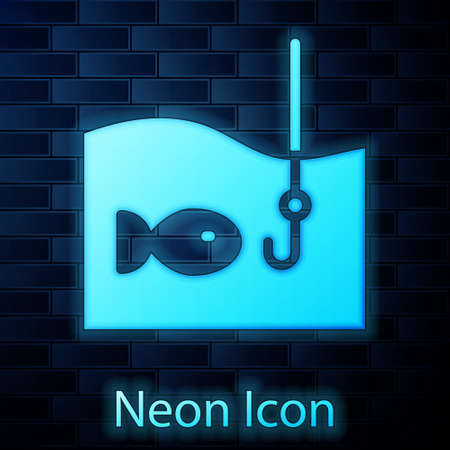 Glowing neon Fishing hook under water with fish icon isolated on brick wall background. Fishing tackle. Vectorのイラスト素材