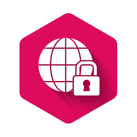 White Global lockdown - locked globe icon isolated with long shadow. Pink hexagon button. Vectorのイラスト素材