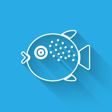 White line Puffer fish icon isolated with long shadow. Fugu fish japanese puffer fish. Vector.のイラスト素材