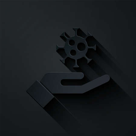 Paper cut Hand with virus icon isolated on black background. Corona virus 2019-nCoV. Bacteria and germs, cell cancer, microbe, fungi. Paper art style. Vector.のイラスト素材