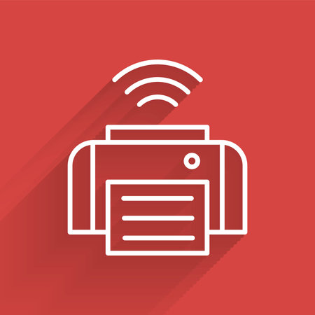 White line Smart printer system icon isolated with long shadow. Internet of things concept with...