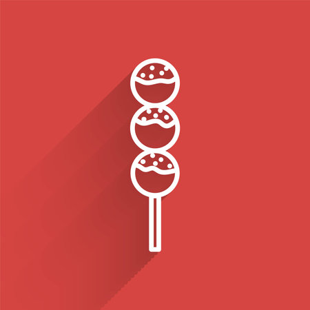 White line Takoyaki on a stick icon isolated with long shadow. Japanese street food. Vector.