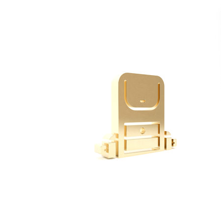 Gold Hiking backpack icon isolated on white background. Camping and mountain exploring backpack. 3d...