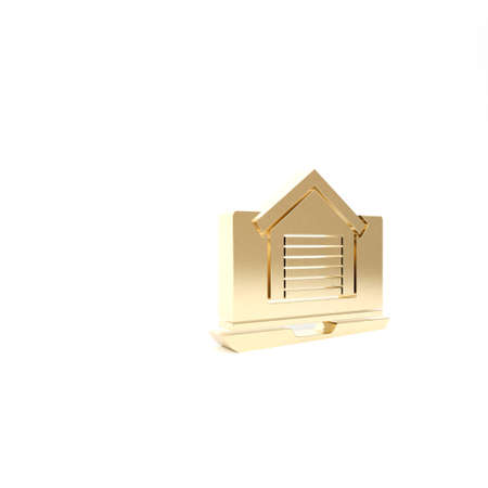 Gold Online real estate house on laptop icon isolated on white background. Home loan concept, rent, buy, buying a property. 3d illustration 3D renderの写真素材