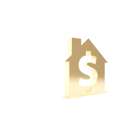Gold House with dollar symbol icon isolated on white background. Home and money. Real estate concept. 3d illustration 3D renderの写真素材