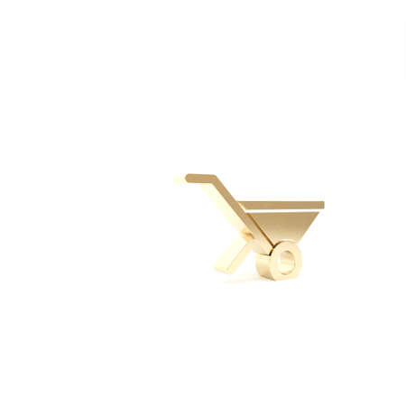 Gold Wheelbarrow icon isolated on white background. Tool equipment. Agriculture cart wheel farm. 3d illustration 3D renderの写真素材