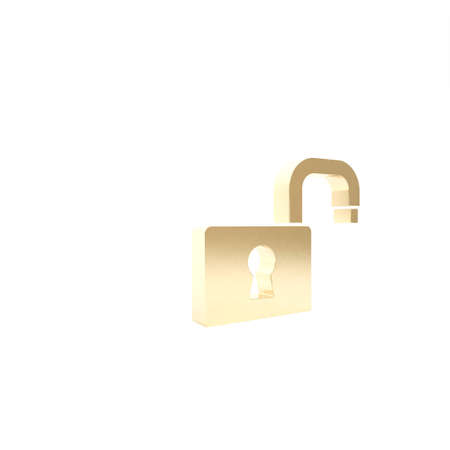 Gold Open padlock icon isolated on white background. Opened lock sign. Cyber security concept. Digital data protection. 3d illustration 3D renderの写真素材