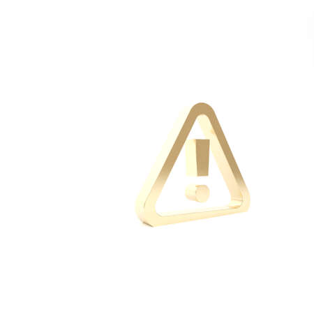 Gold Exclamation mark in triangle icon isolated on white background. Hazard warning sign, careful, attention, danger warning sign. 3d illustration 3D renderの写真素材