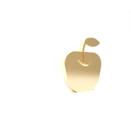 Gold Apple icon isolated on white background. Fruit with leaf symbol. 3d illustration 3D renderの写真素材