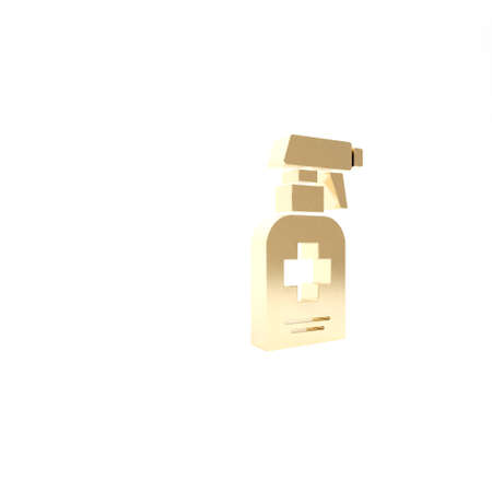 Gold Bottle of liquid antibacterial soap with dispenser icon isolated on white background. Antiseptic. Disinfection, hygiene, skin care. 3d illustration 3D renderの写真素材